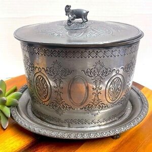 Vintage Ram Finial Biscuit Cookie Box/Barrel/Jar Silverplate Pewter